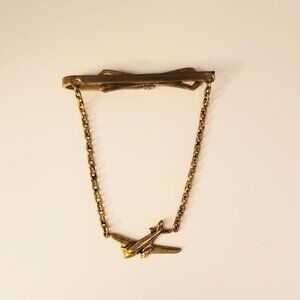 Vintage Men's Airplane Tie Bar with Chain Goldtone Plane Pilot Aviation Military